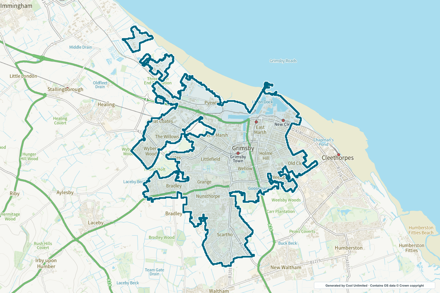 OS OpenData Outdoor map showing the approximate Grimsby selection geography outlined in blue