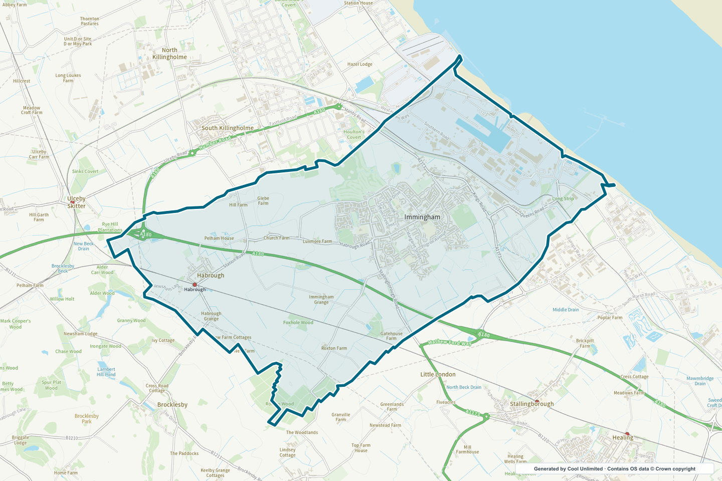 OS OpenData Outdoor map showing the approximate Immingham & Habrough selection geography outlined in blue