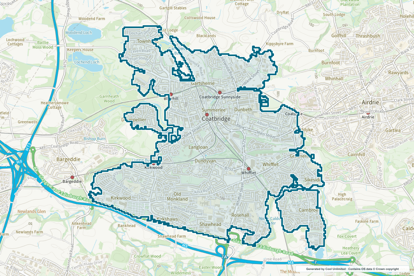 OS OpenData Outdoor map showing the approximate Coatbridge selection geography outlined in blue