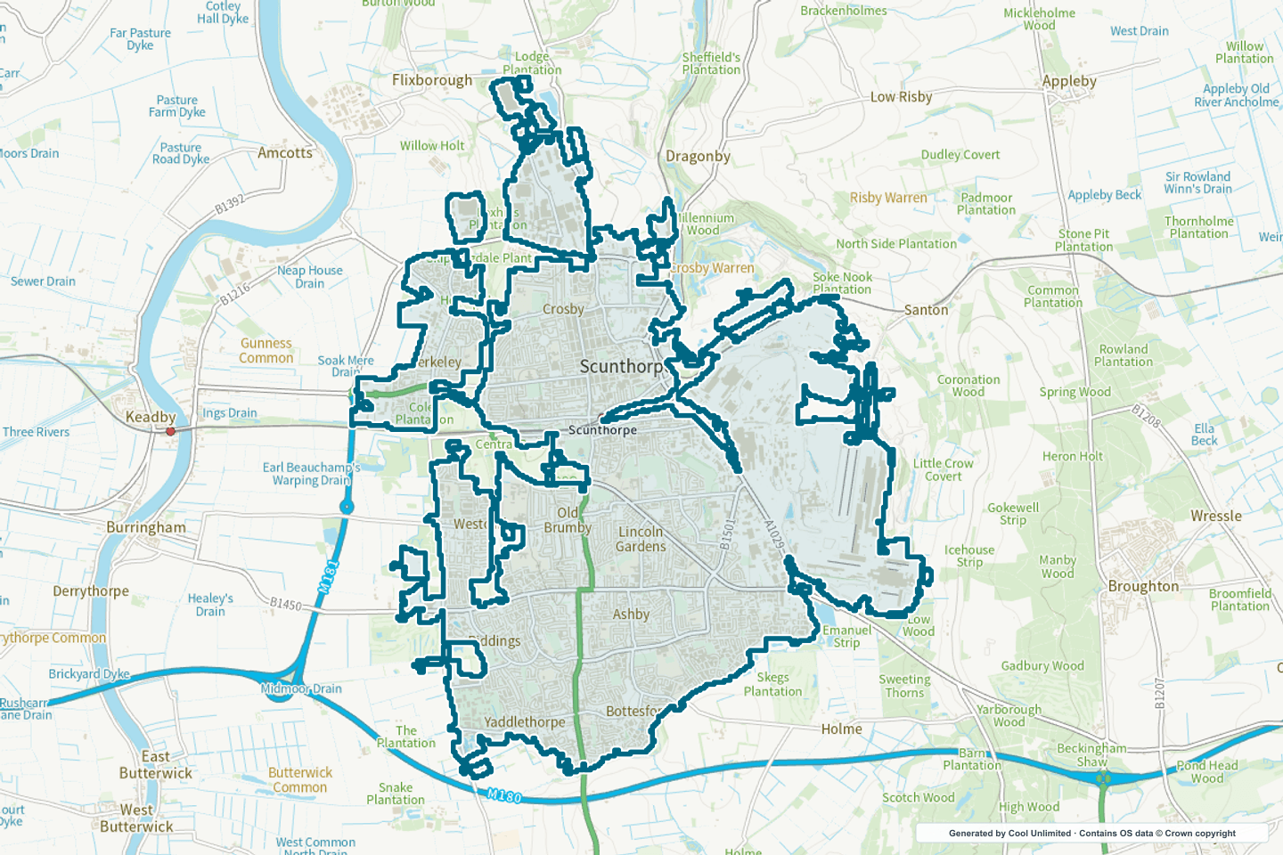 OS OpenData Outdoor map showing the approximate Scunthorpe selection geography outlined in blue