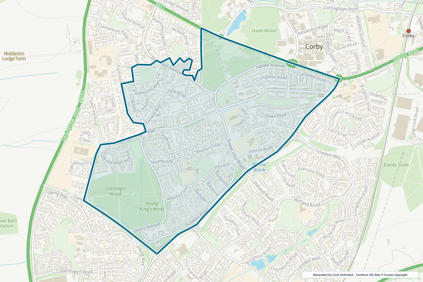OS OpenData Outdoor map showing the approximate Corby Kingswood selection geography outlined in blue