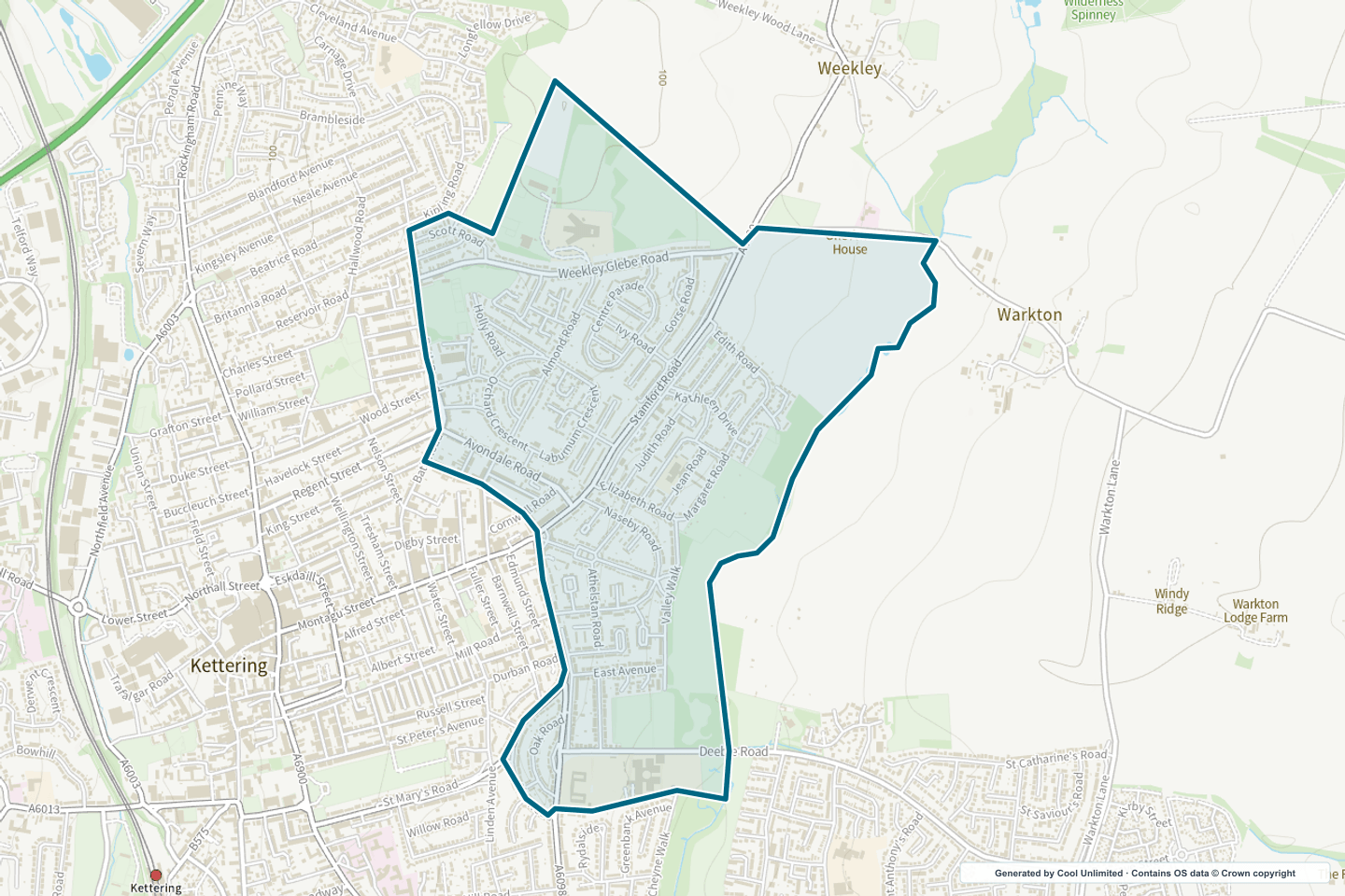 OS OpenData Outdoor map showing the approximate Kettering Avondale Grange selection geography outlined in blue