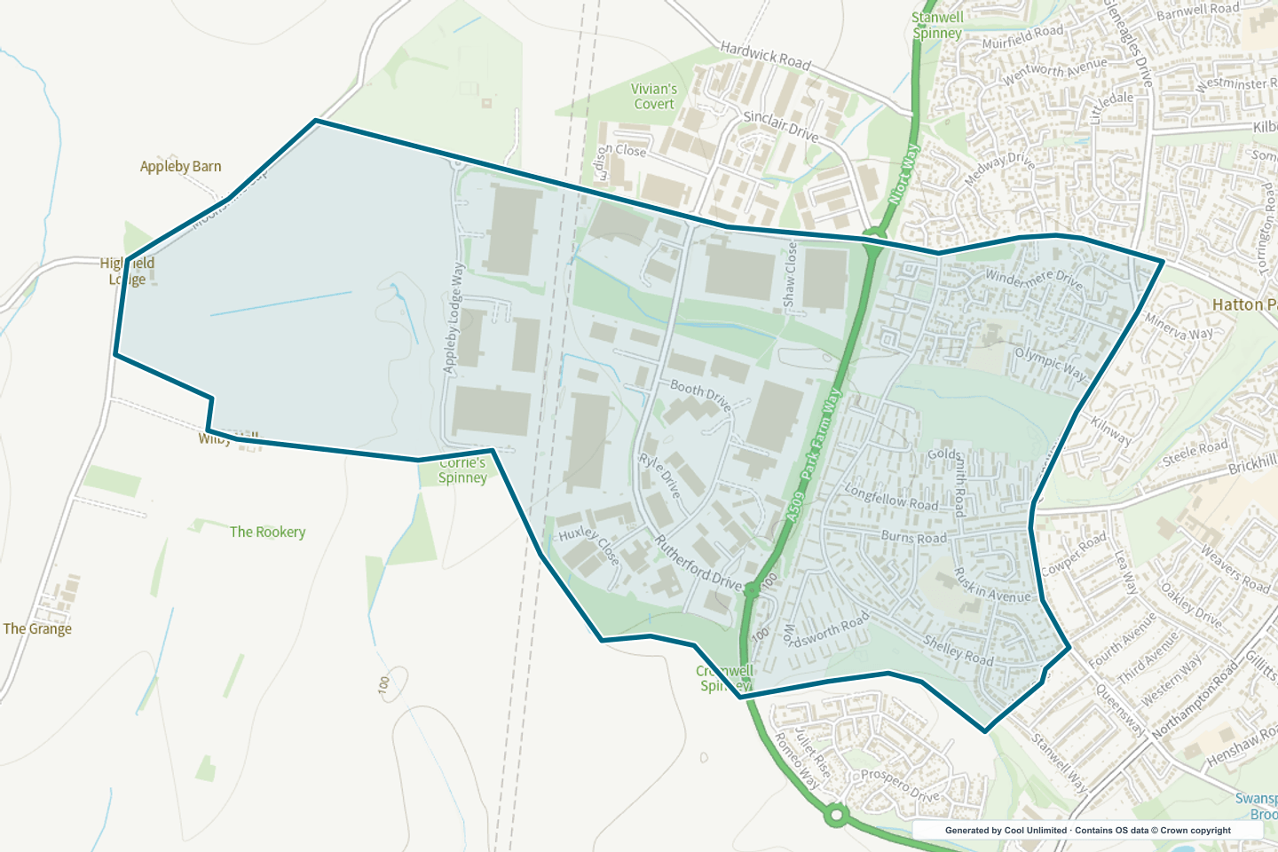 OS OpenData Outdoor map showing the approximate Queensway (North Northamptonshire) selection geography outlined in blue