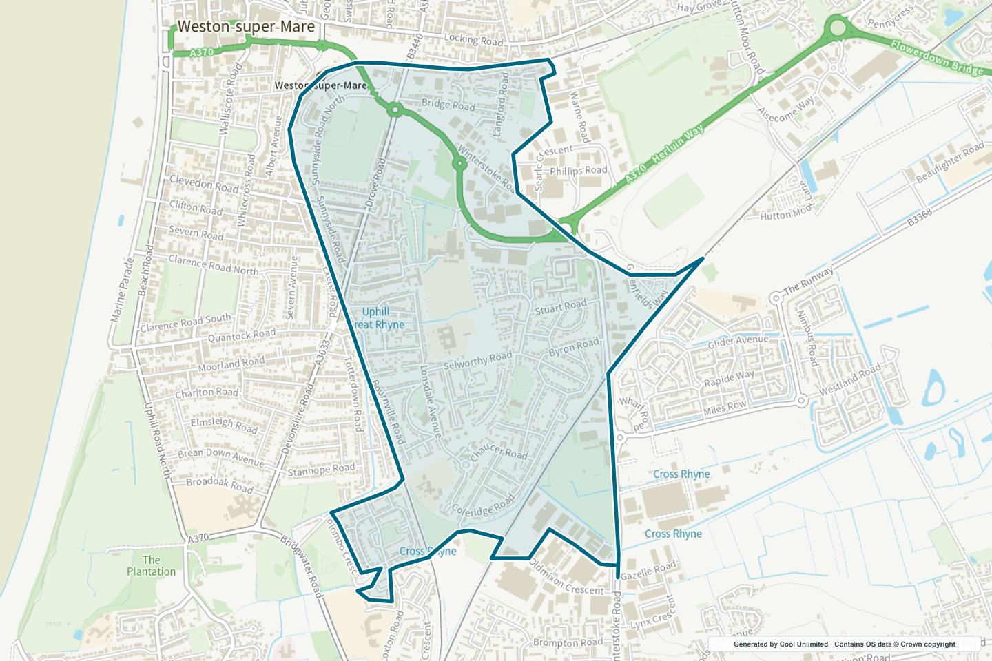 OS OpenData Outdoor map showing the approximate Weston Bournville selection geography outlined in blue