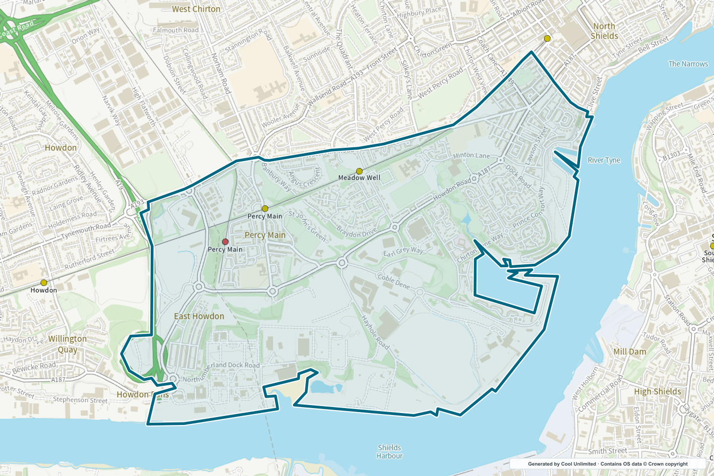OS OpenData Outdoor map showing the approximate Percy Main selection geography outlined in blue