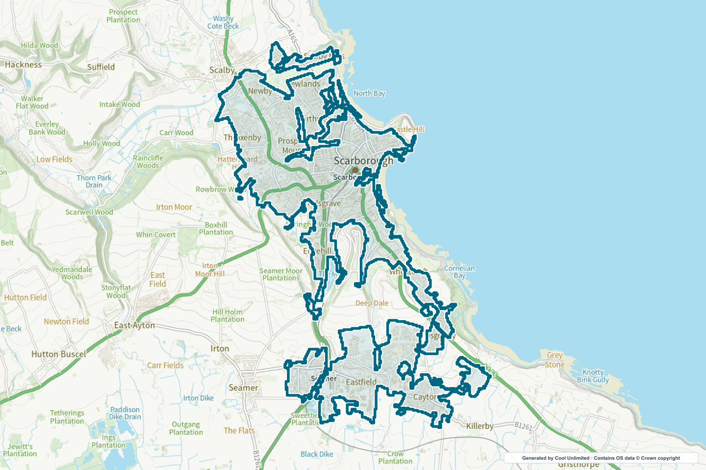 OS OpenData Outdoor map showing the approximate Scarborough selection geography outlined in blue