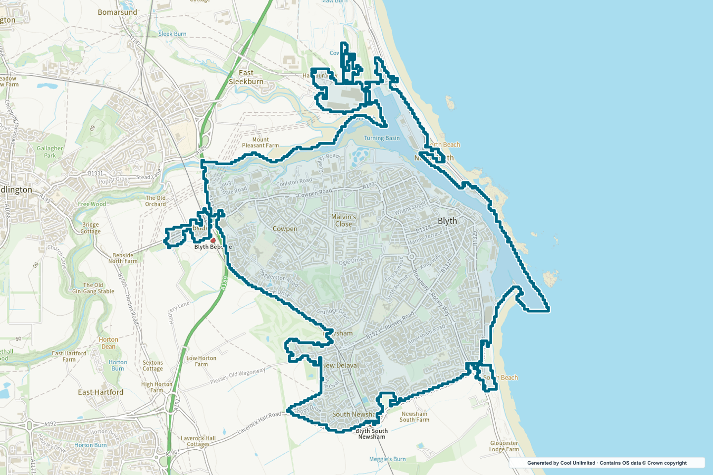 OS OpenData Outdoor map showing the approximate Blyth (Northumberland) selection geography outlined in blue