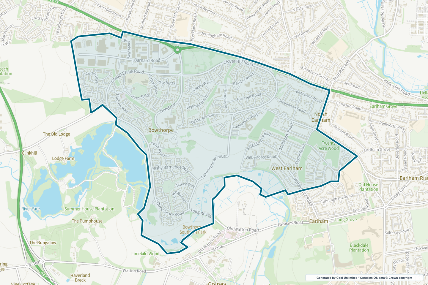 OS OpenData Outdoor map showing the approximate Bowthorpe & West Earlham selection geography outlined in blue