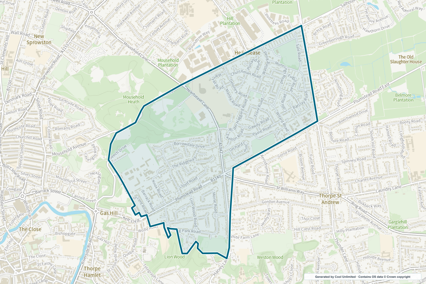 OS OpenData Outdoor map showing the approximate Heartsease & Pilling Park selection geography outlined in blue