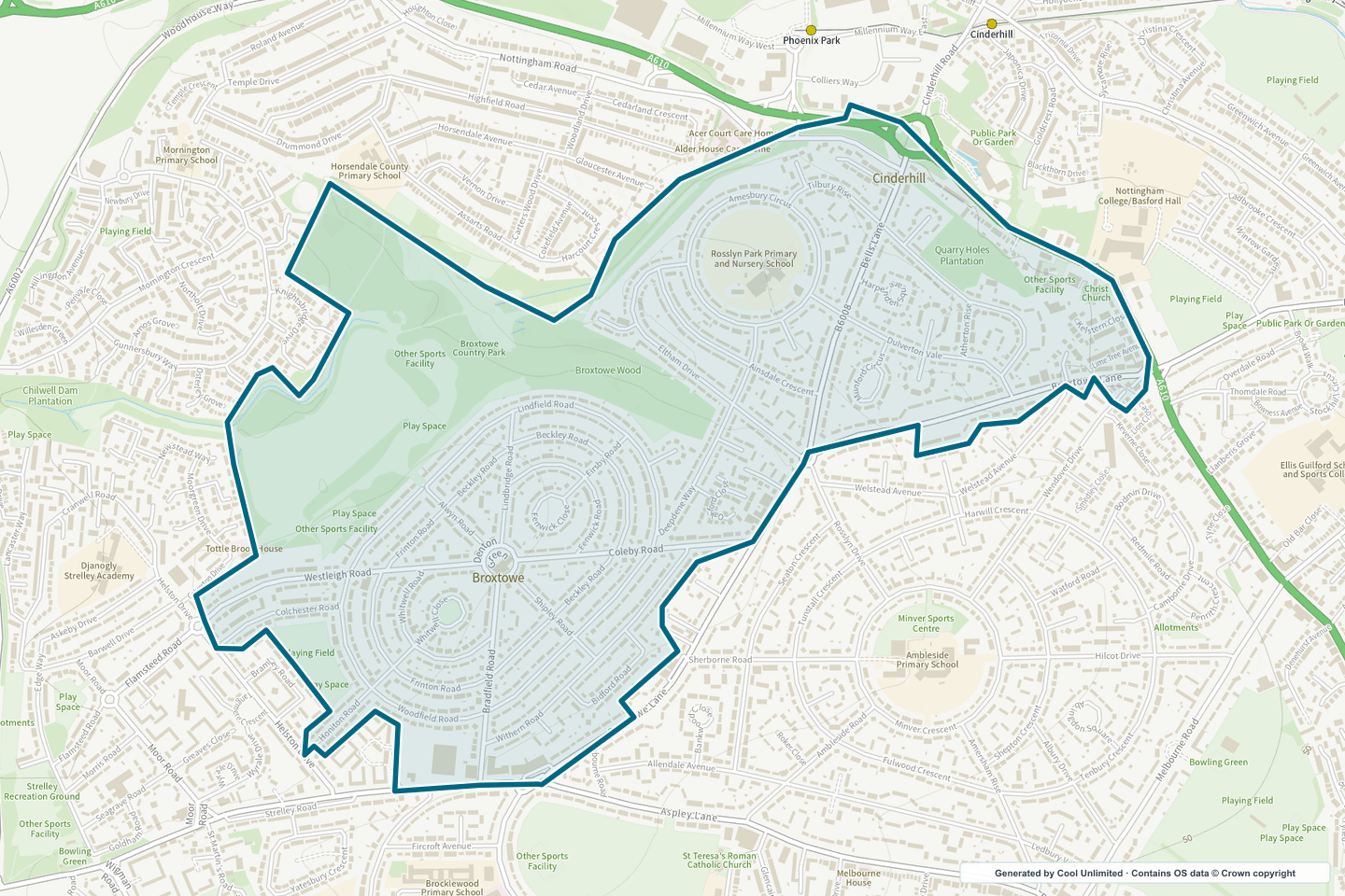 OS OpenData Outdoor map showing the approximate Broxtowe & Cinderhill selection geography outlined in blue