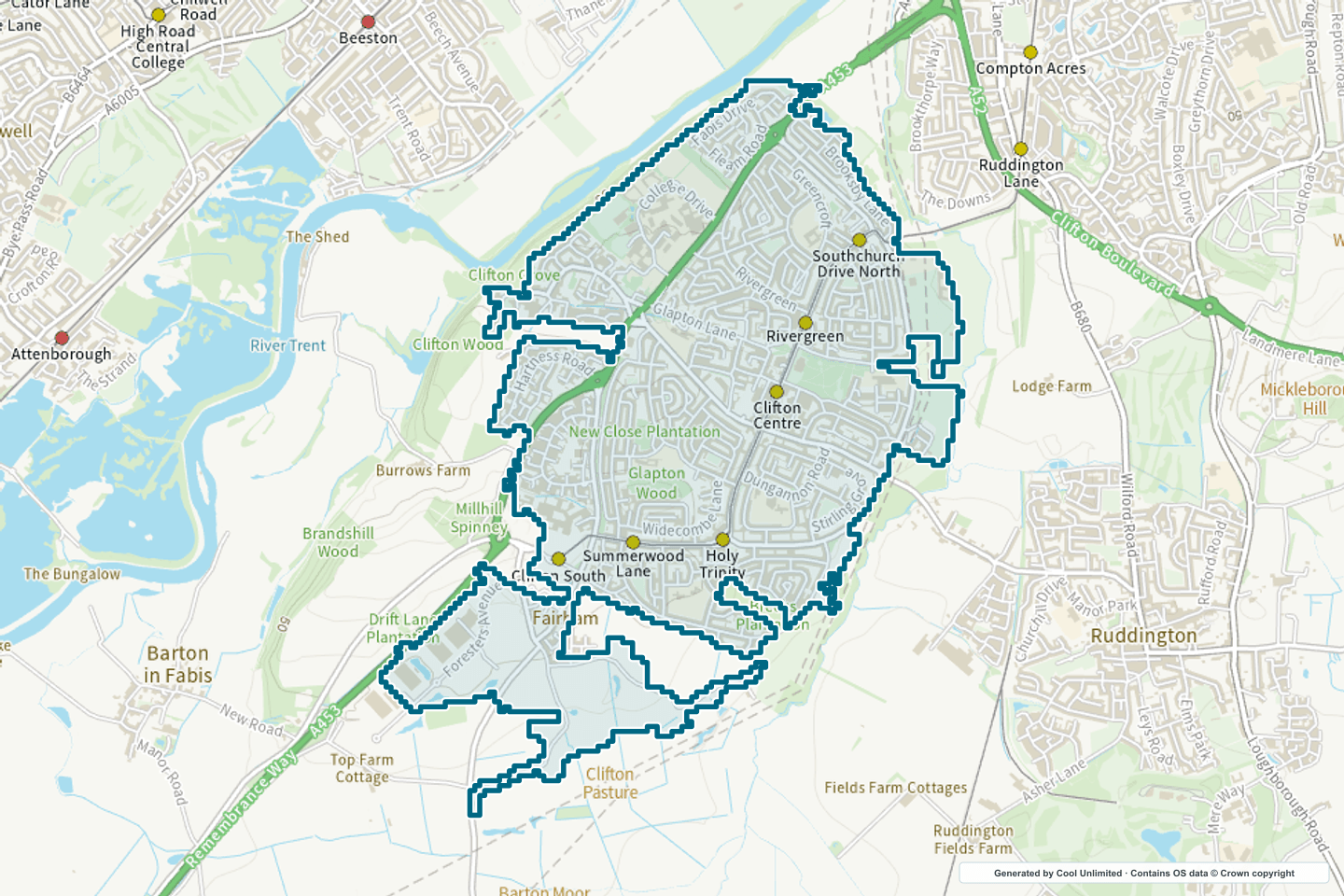 OS OpenData Outdoor map showing the approximate Clifton (Nottingham) selection geography outlined in blue