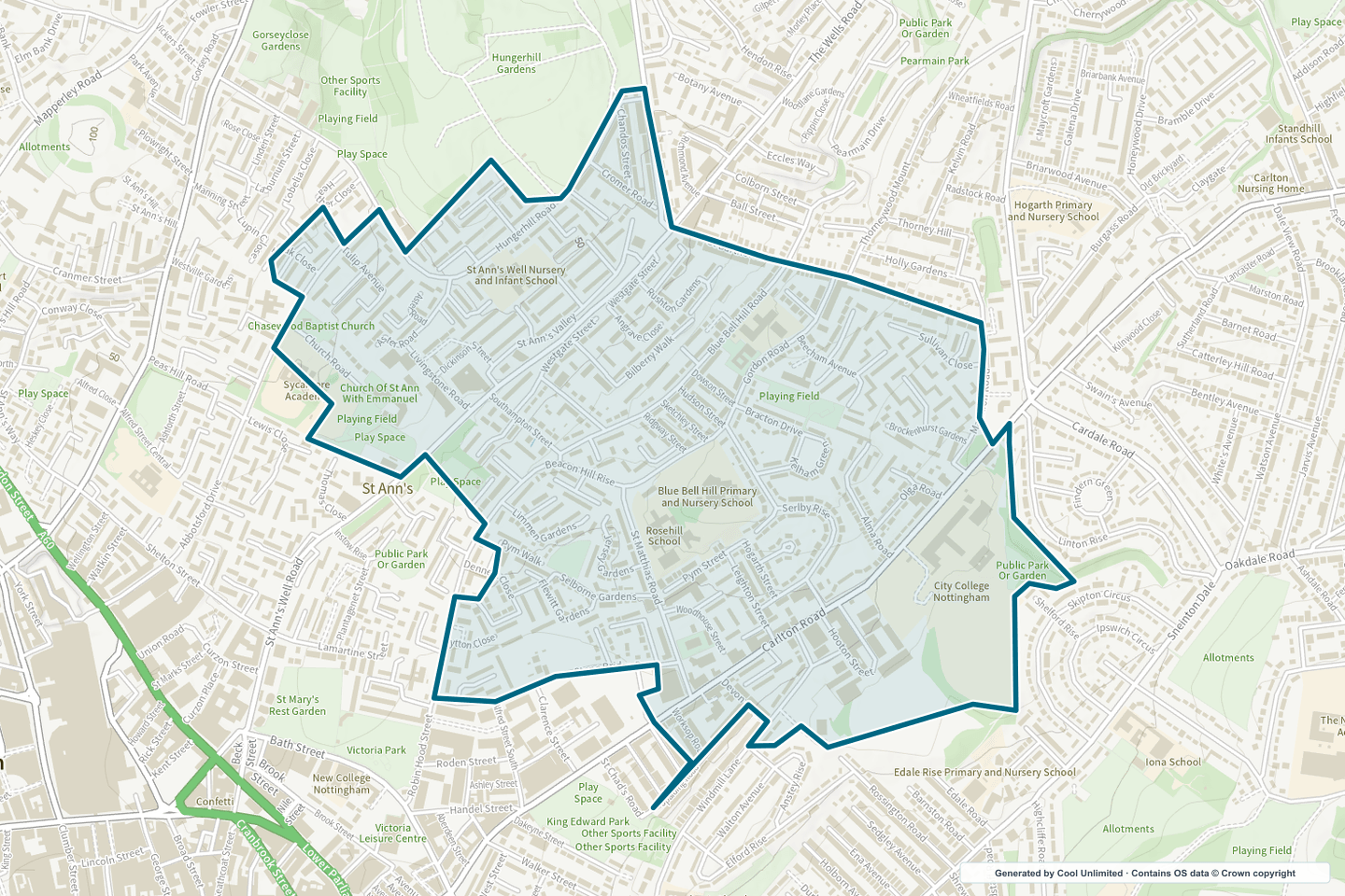 OS OpenData Outdoor map showing the approximate St Ann’s East selection geography outlined in blue