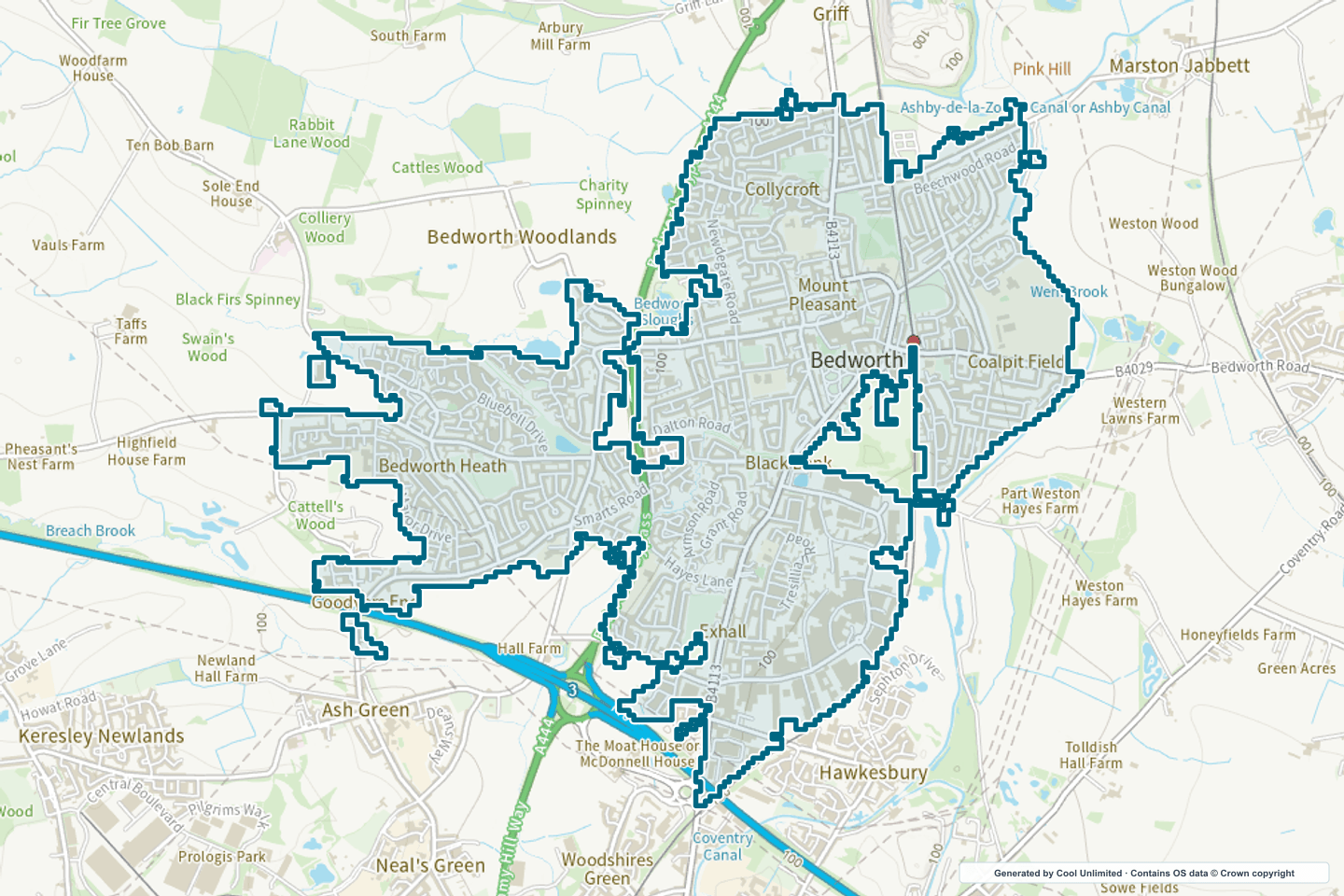 OS OpenData Outdoor map showing the approximate Bedworth selection geography outlined in blue