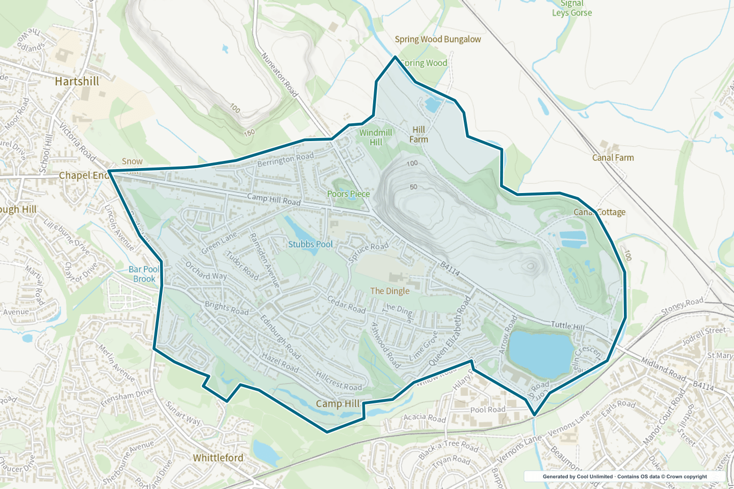 OS OpenData Outdoor map showing the approximate Camp Hill selection geography outlined in blue