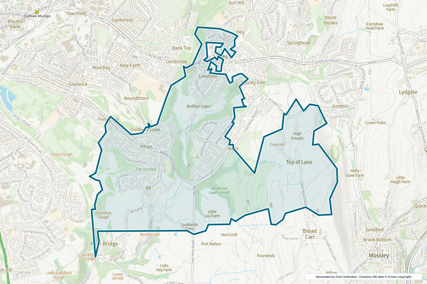 OS OpenData Outdoor map showing the approximate Alt selection geography outlined in blue
