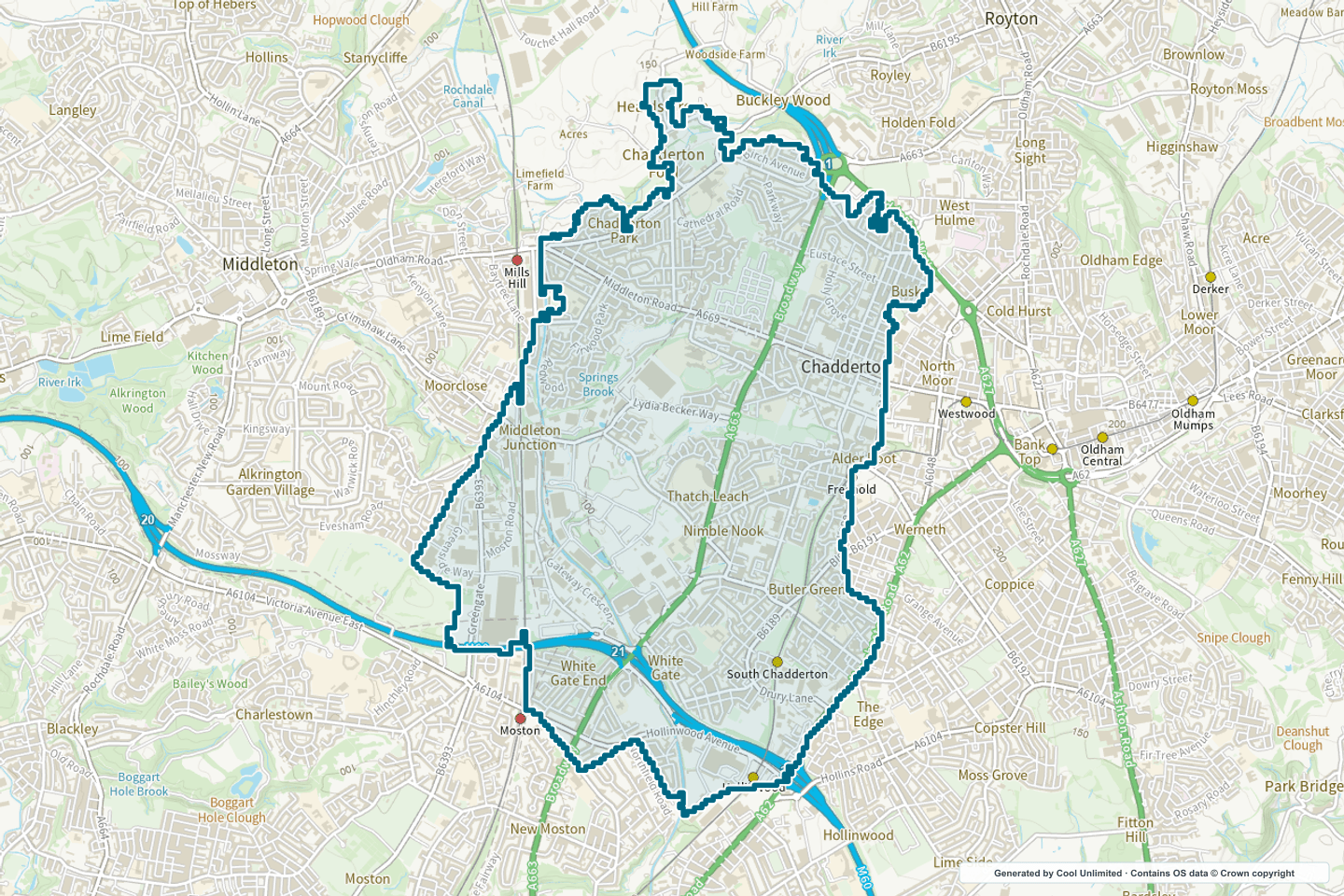 OS OpenData Outdoor map showing the approximate Chadderton selection geography outlined in blue
