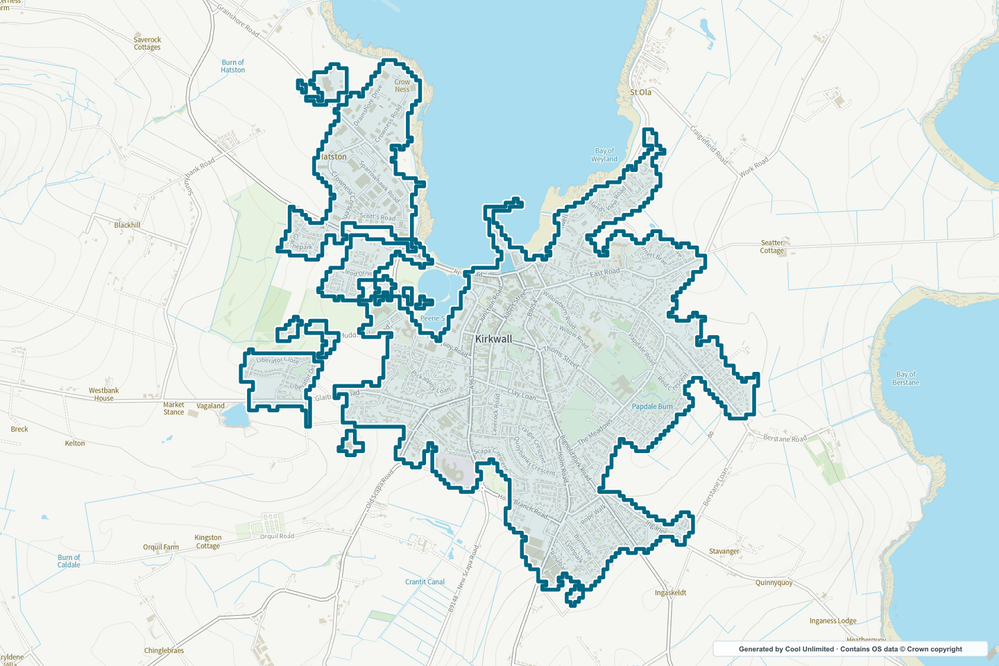 OS OpenData Outdoor map showing the approximate Kirkwall selection geography outlined in blue