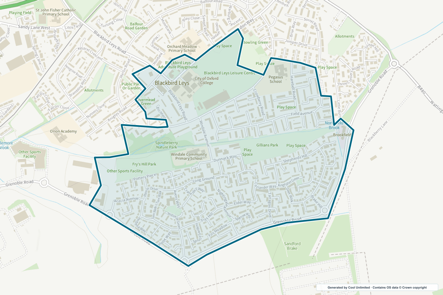 OS OpenData Outdoor map showing the approximate Greater Leys selection geography outlined in blue