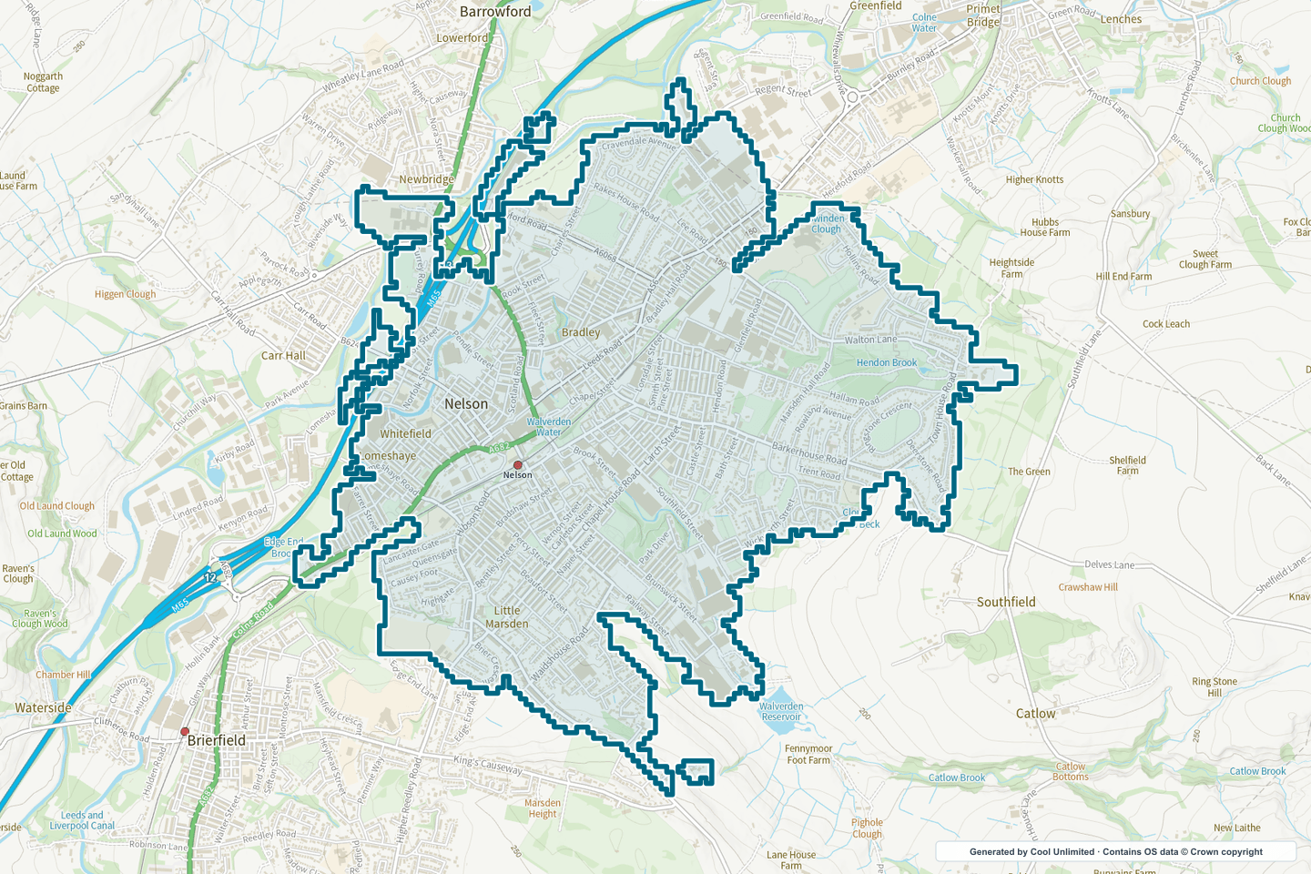 OS OpenData Outdoor map showing the approximate Nelson (Pendle) selection geography outlined in blue