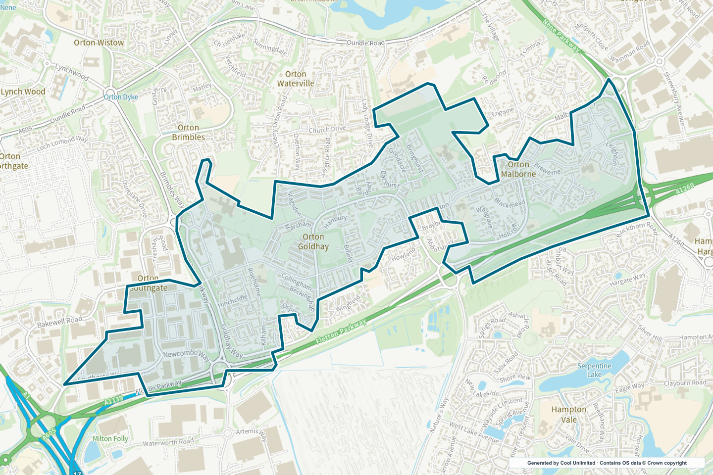 OS OpenData Outdoor map showing the approximate Orton Malborne & Goldhay selection geography outlined in blue