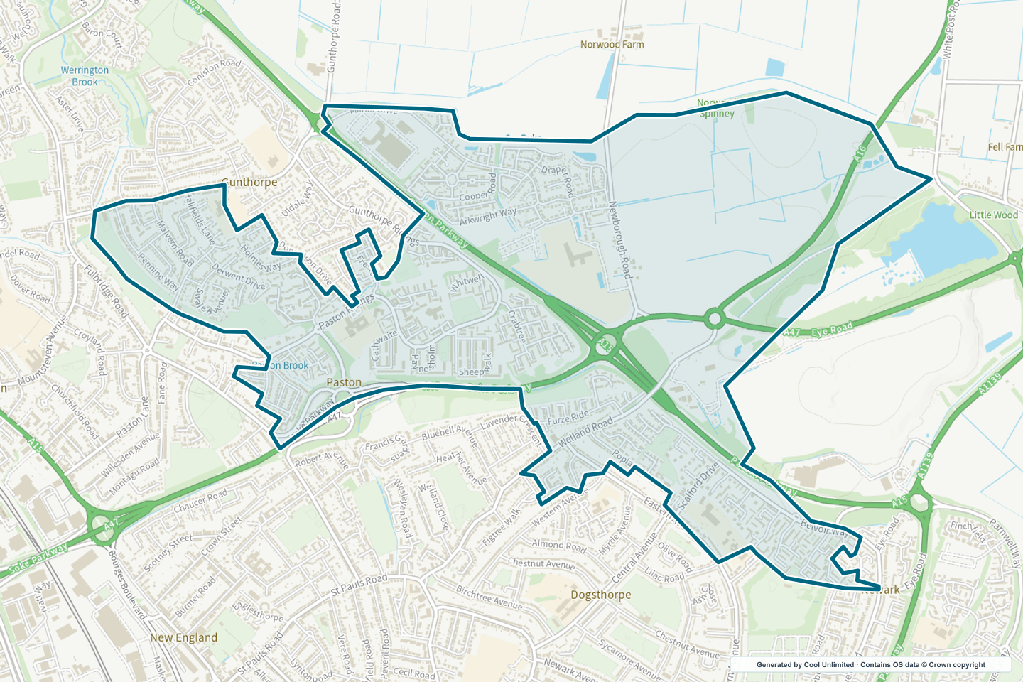OS OpenData Outdoor map showing the approximate Paston selection geography outlined in blue
