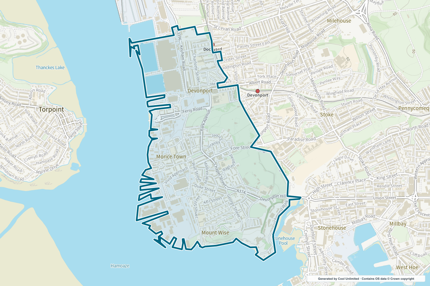 OS OpenData Outdoor map showing the approximate Devonport, Mount Wise & Morice Town selection geography outlined in blue