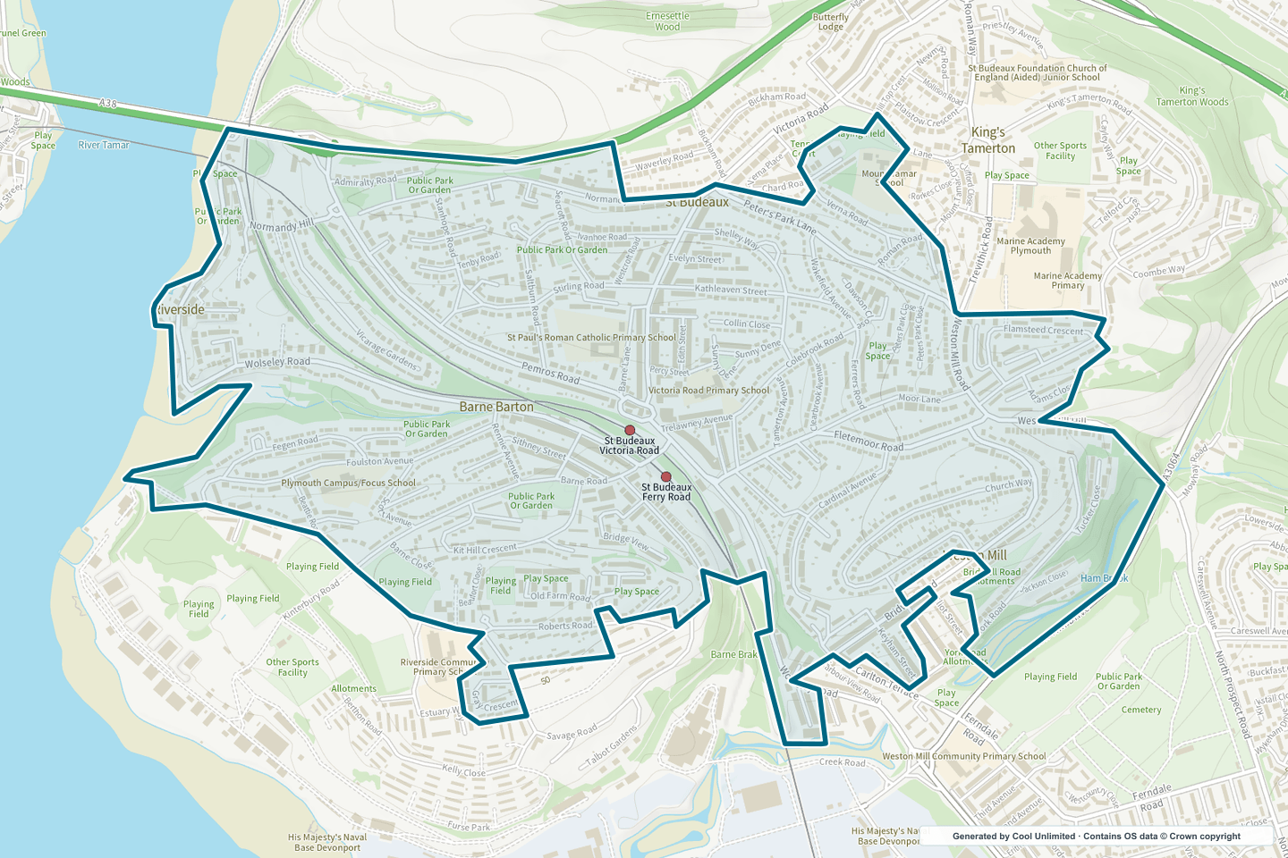 OS OpenData Outdoor map showing the approximate St Budeaux selection geography outlined in blue