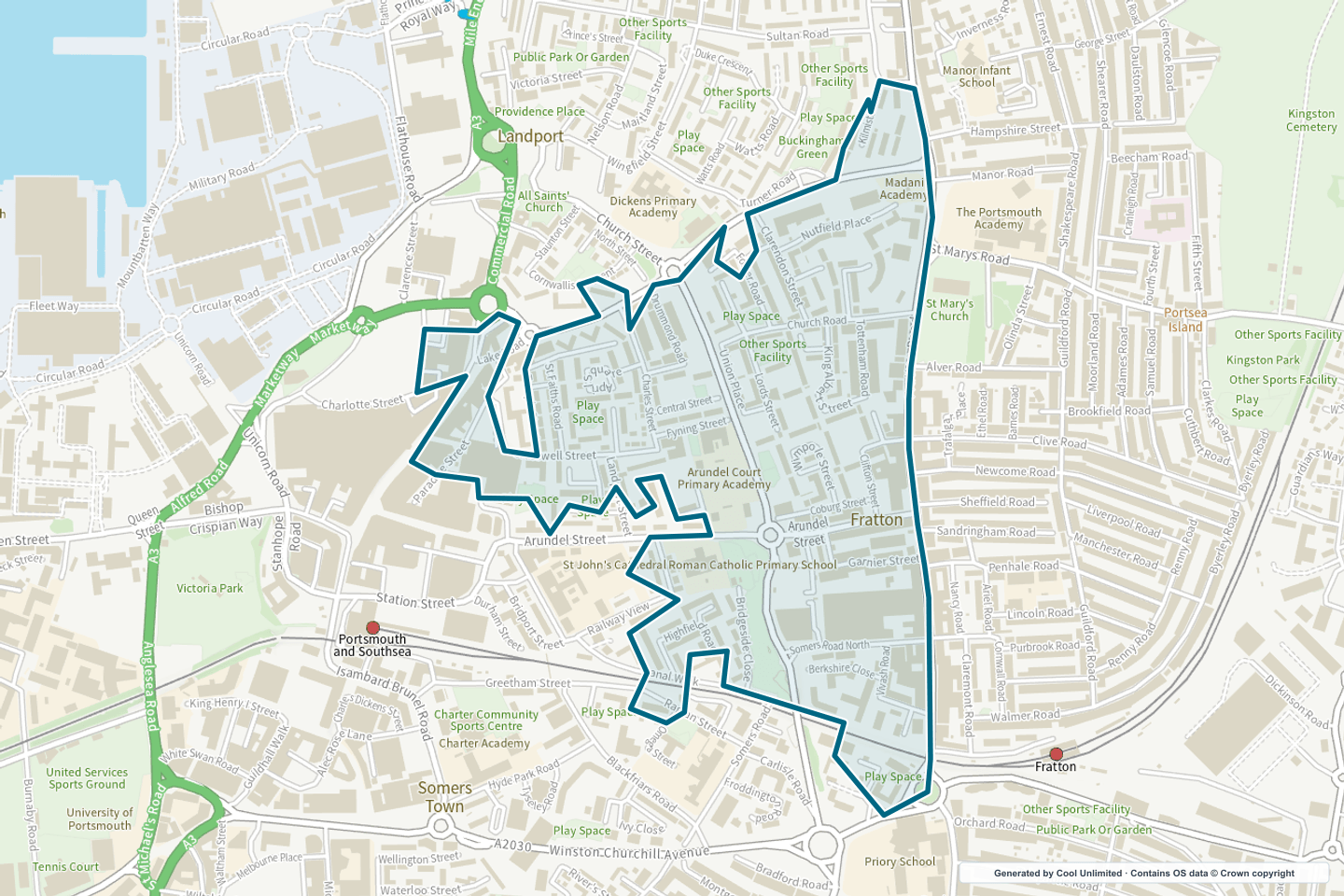 OS OpenData Outdoor map showing the approximate Fratton West selection geography outlined in blue