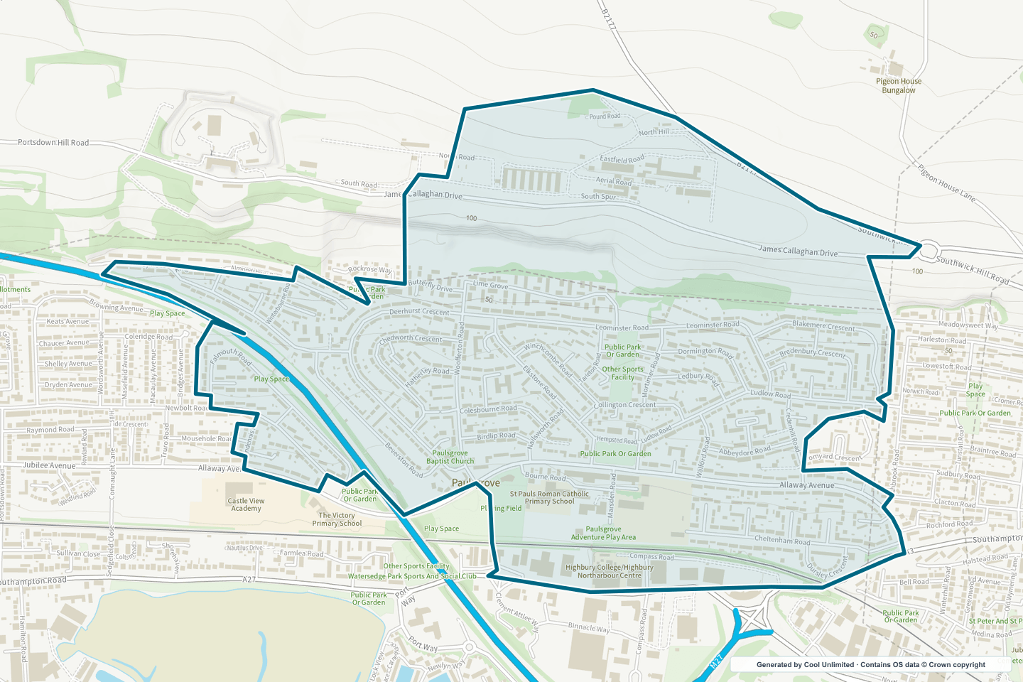 OS OpenData Outdoor map showing the approximate Paulsgrove East selection geography outlined in blue