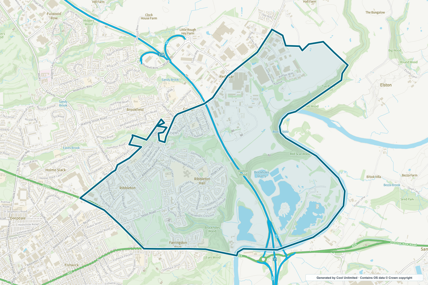 OS OpenData Outdoor map showing the approximate Ribbleton selection geography outlined in blue