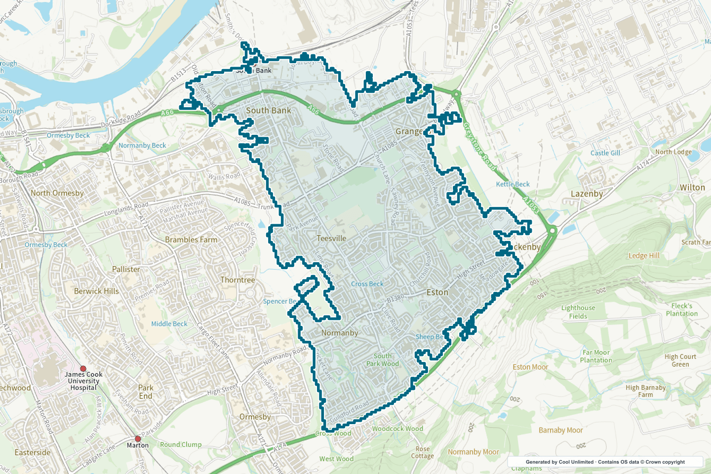 OS OpenData Outdoor map showing the approximate Eston selection geography outlined in blue