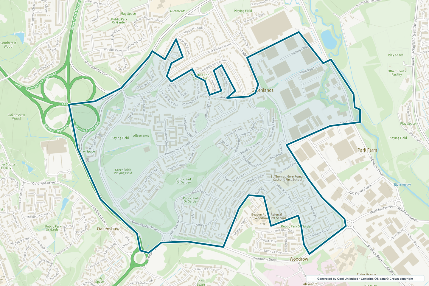 OS OpenData Outdoor map showing the approximate Greenlands selection geography outlined in blue