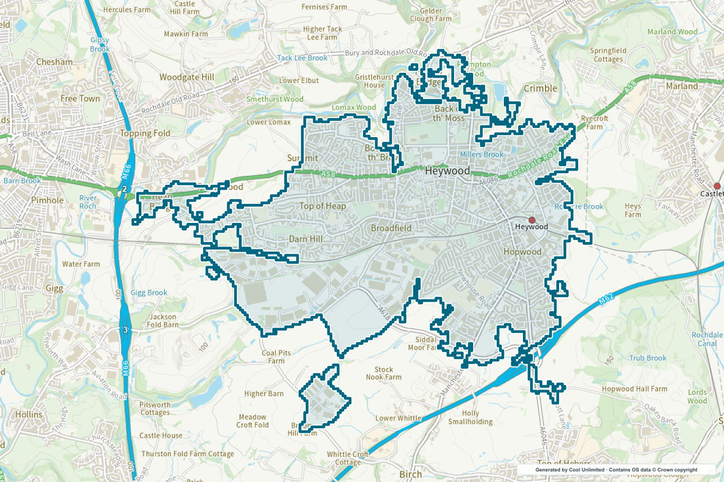 OS OpenData Outdoor map showing the approximate Heywood selection geography outlined in blue