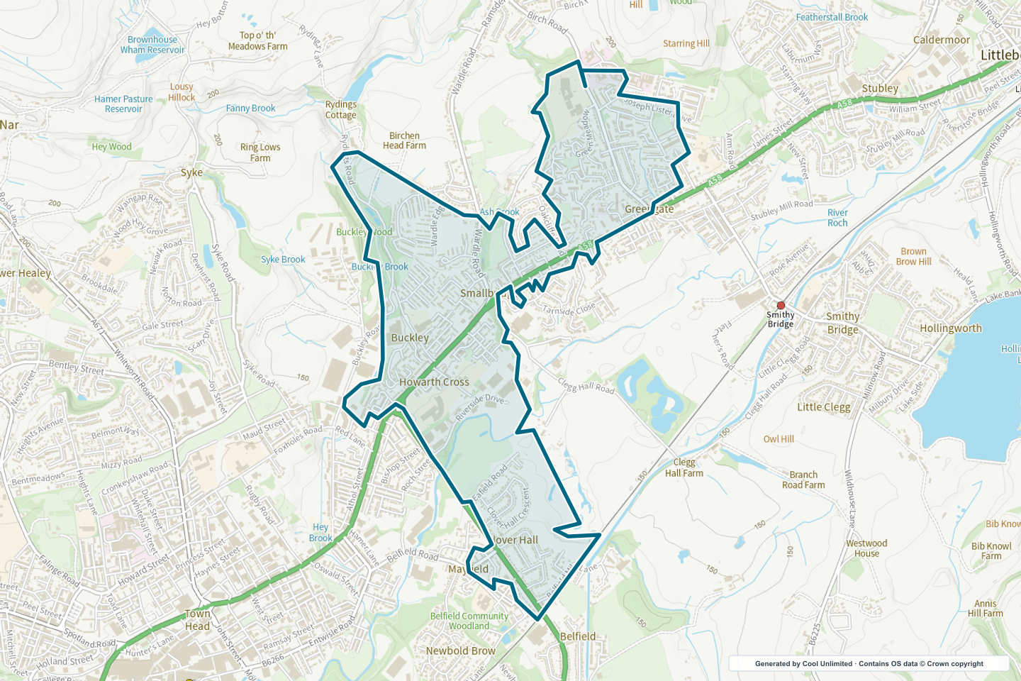 OS OpenData Outdoor map showing the approximate Hurstead & Smallbridge selection geography outlined in blue