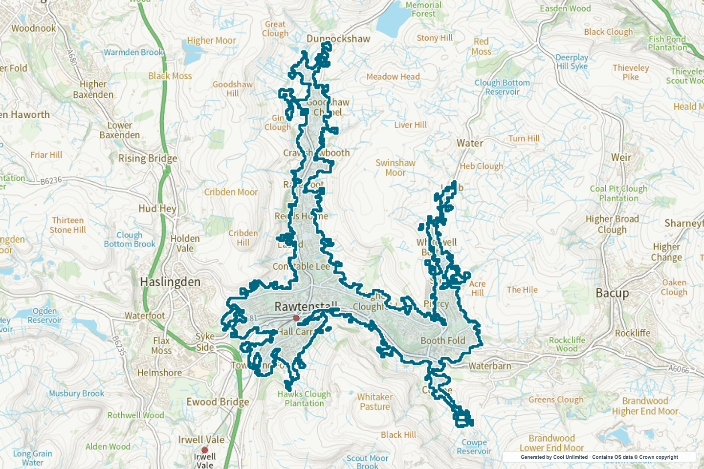 OS OpenData Outdoor map showing the approximate Rawtenstall selection geography outlined in blue