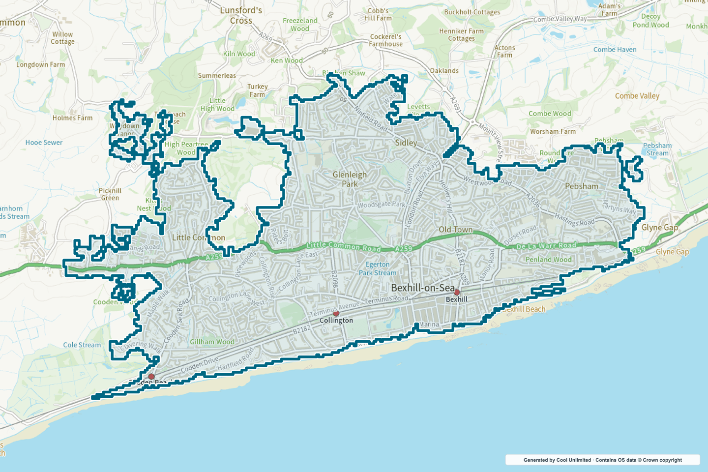 OS OpenData Outdoor map showing the approximate Bexhill-on-Sea selection geography outlined in blue