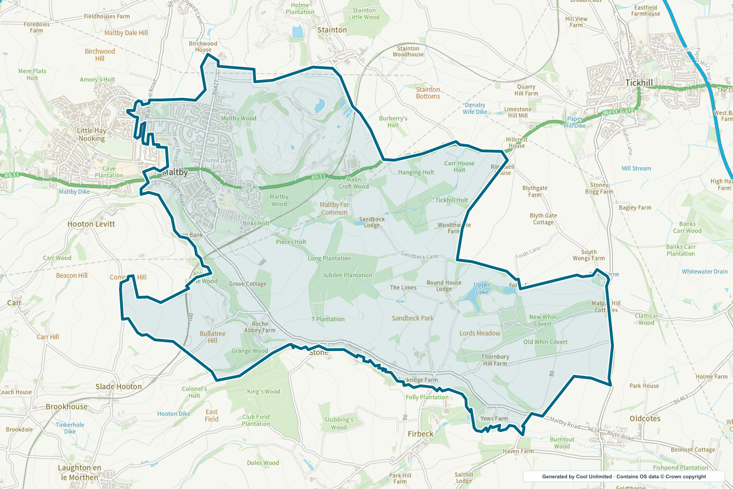 OS OpenData Outdoor map showing the approximate Maltby East selection geography outlined in blue