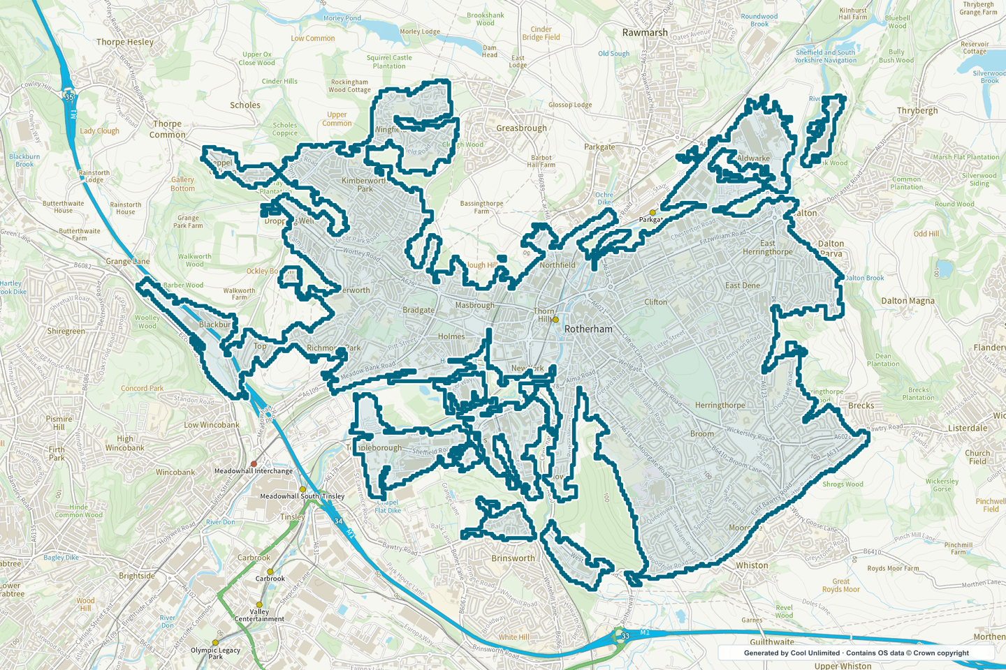 OS OpenData Outdoor map showing the approximate Rotherham selection geography outlined in blue