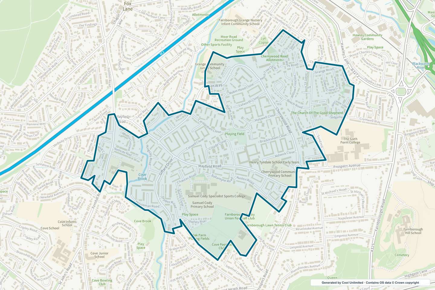 OS OpenData Outdoor map showing the approximate Mayfield selection geography outlined in blue