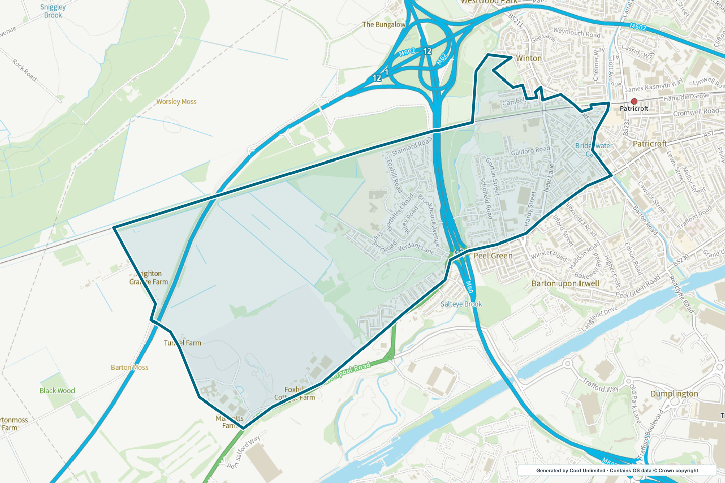 OS OpenData Outdoor map showing the approximate Peel Green selection geography outlined in blue