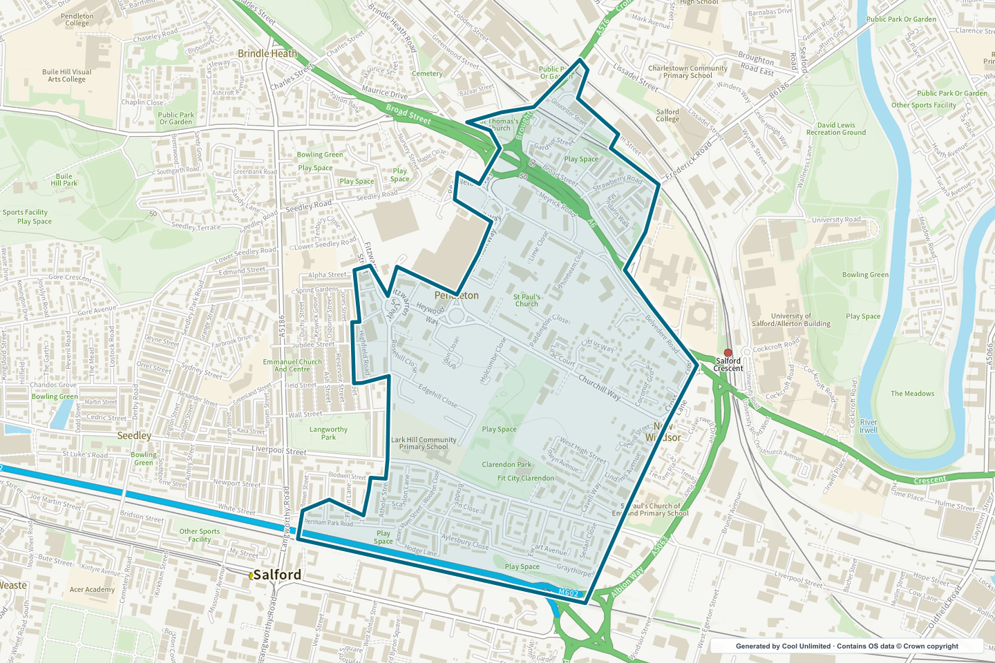 OS OpenData Outdoor map showing the approximate Pendleton selection geography outlined in blue