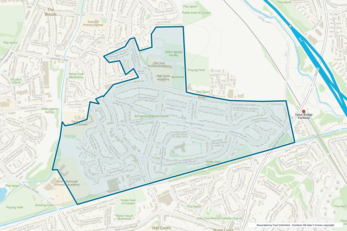 OS OpenData Outdoor map showing the approximate Friar Park selection geography outlined in blue