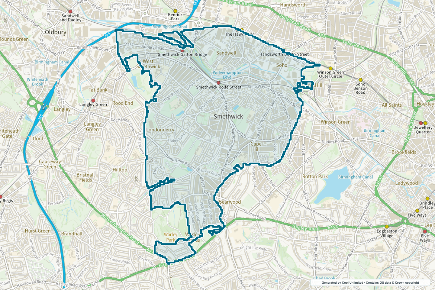 OS OpenData Outdoor map showing the approximate Smethwick selection geography outlined in blue