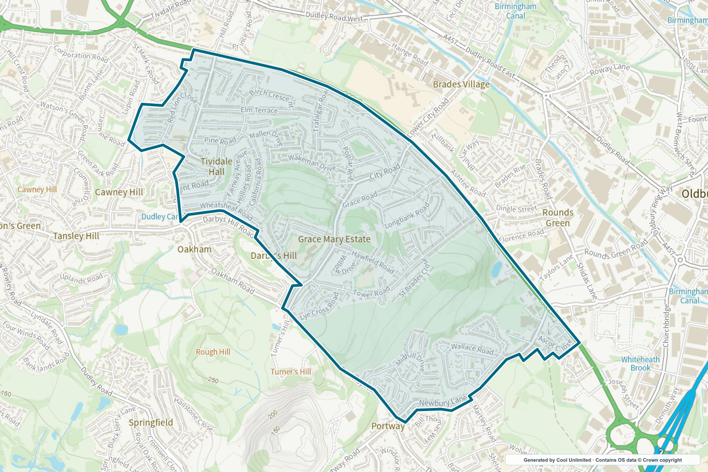 OS OpenData Outdoor map showing the approximate Tividale selection geography outlined in blue