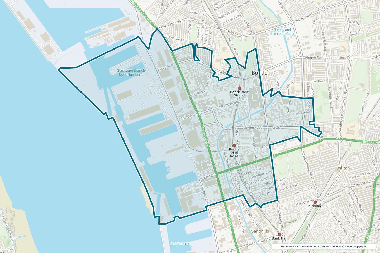 OS OpenData Outdoor map showing the approximate Bootle South selection geography outlined in blue