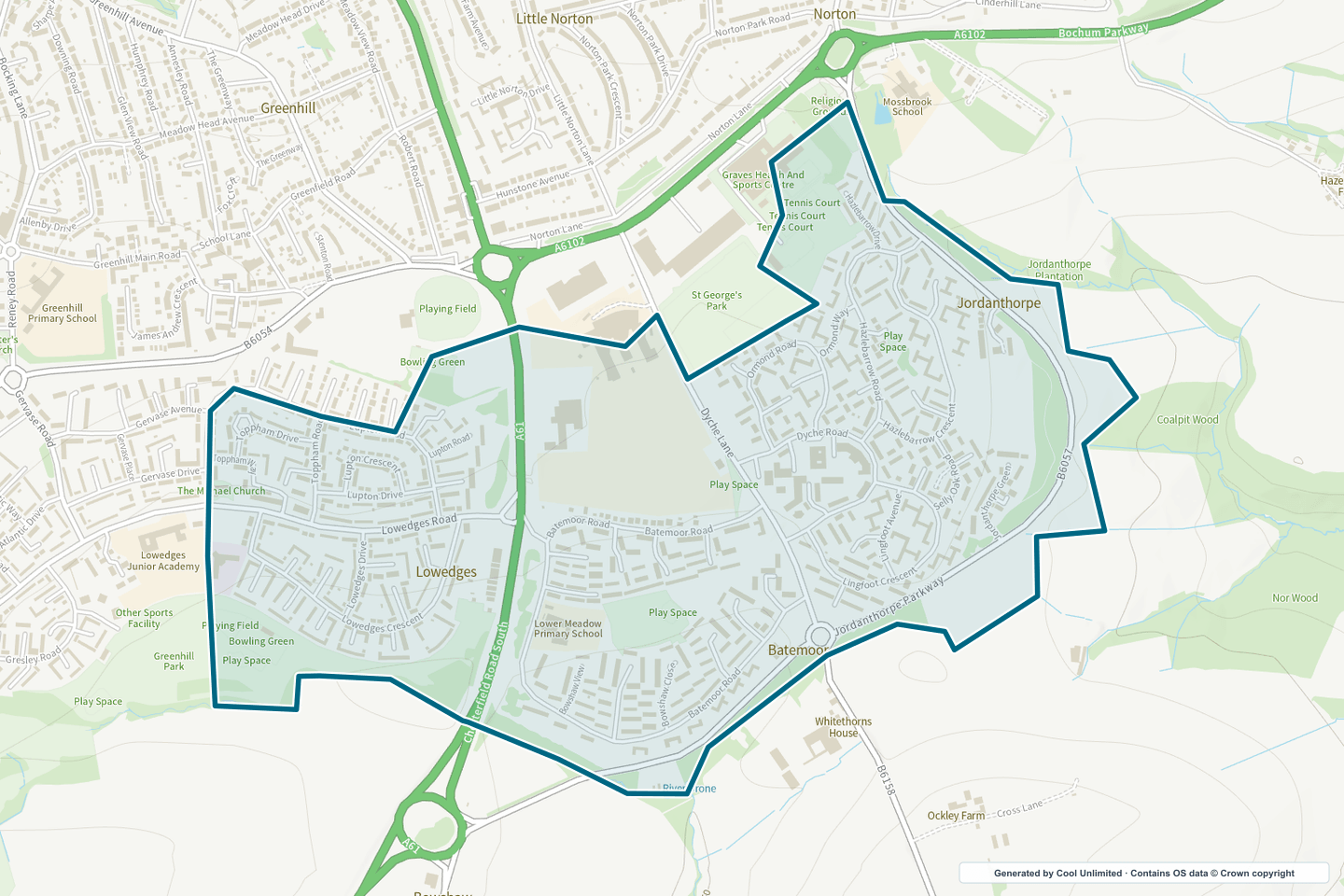 OS OpenData Outdoor map showing the approximate Batemoor & Jordanthorpe selection geography outlined in blue