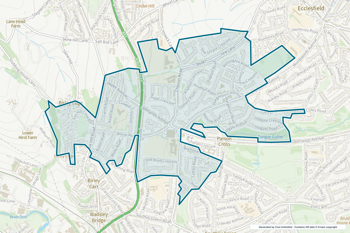 OS OpenData Outdoor map showing the approximate Parson Cross selection geography outlined in blue