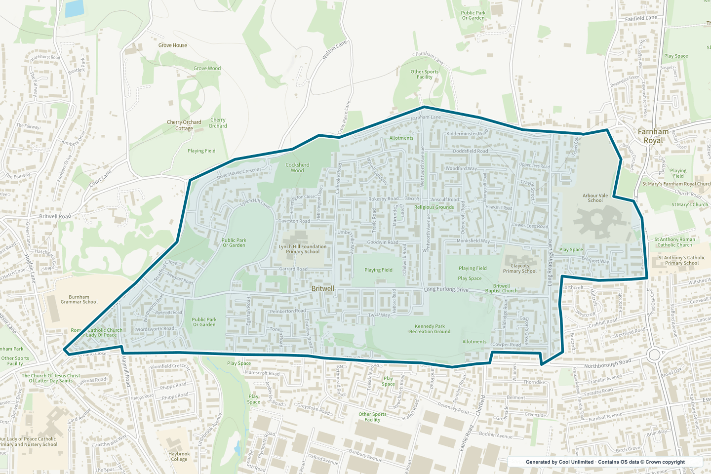 OS OpenData Outdoor map showing the approximate Britwell selection geography outlined in blue