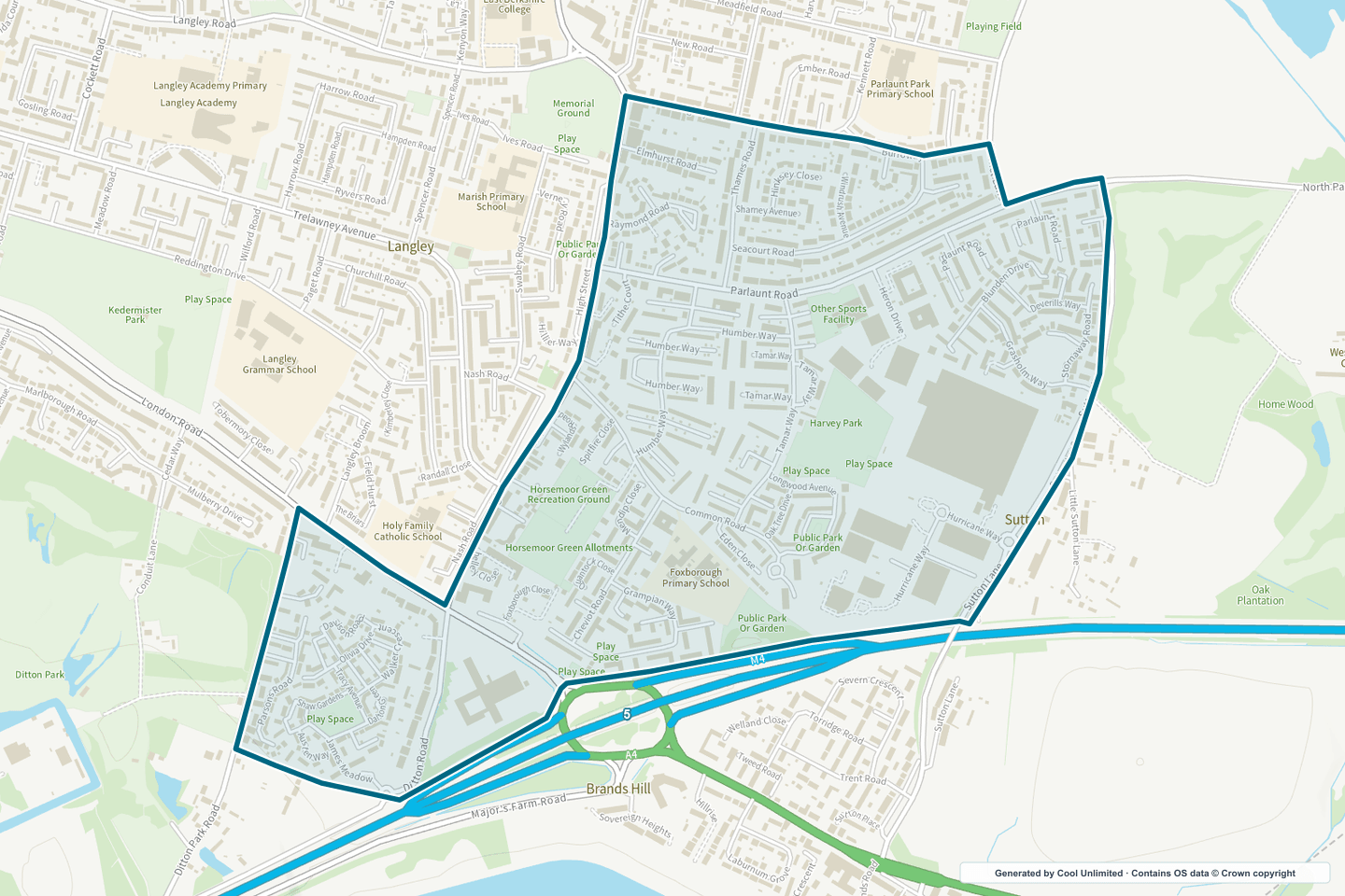 OS OpenData Outdoor map showing the approximate Langley Foxborough selection geography outlined in blue