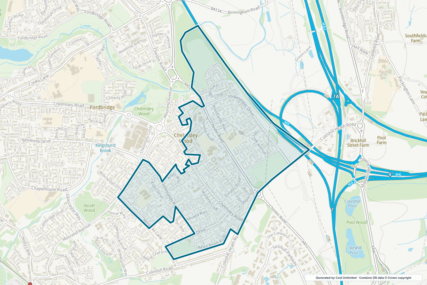 OS OpenData Outdoor map showing the approximate Chelmsley Wood East selection geography outlined in blue